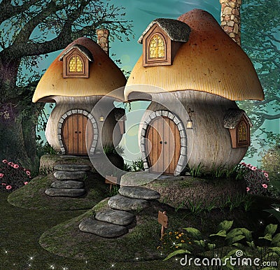 Magic elves houses in the woods Cartoon Illustration